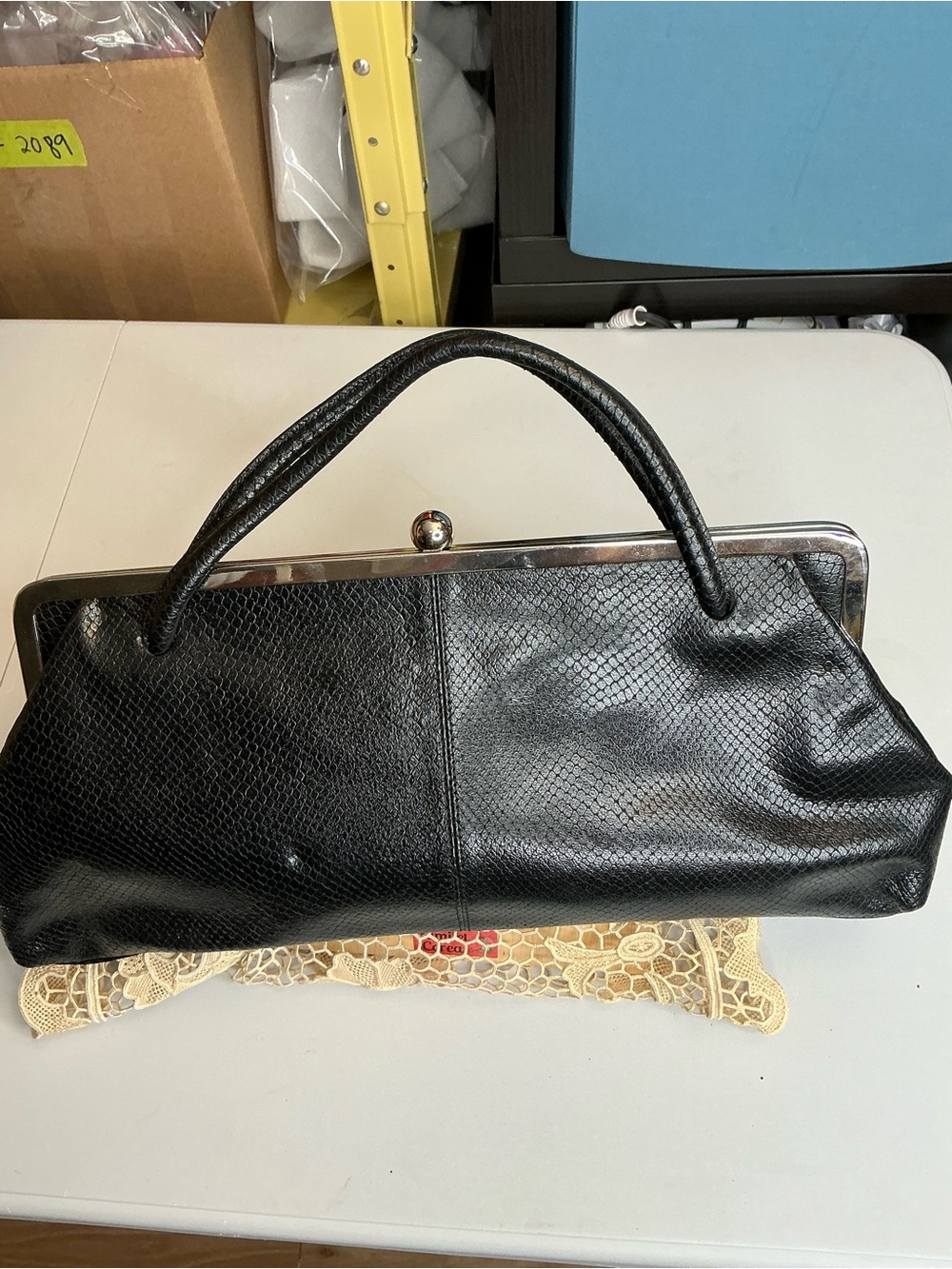 2404 -BANANA REPUBLIC Black Snakeskin Embossed Leather Framed Satchel Bag - Vint - Picture 2 of 16
